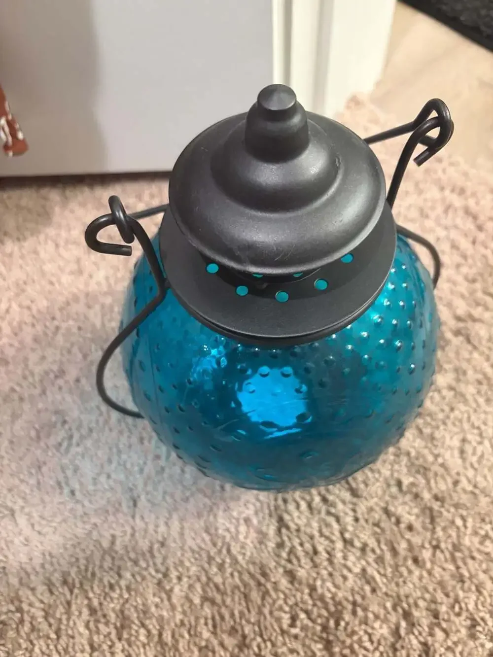 Vintage Style Teal Blue Embossed Round Glass Hanging Candle Lantern